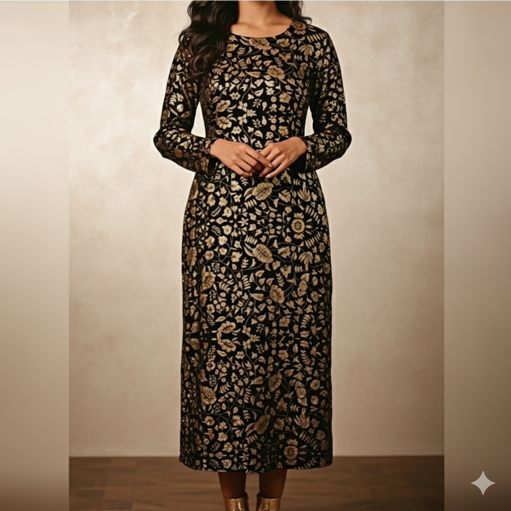 Vintage Long Sleeve Dress Olive, Black, Subtle Metallic Gold Floral Print S/M